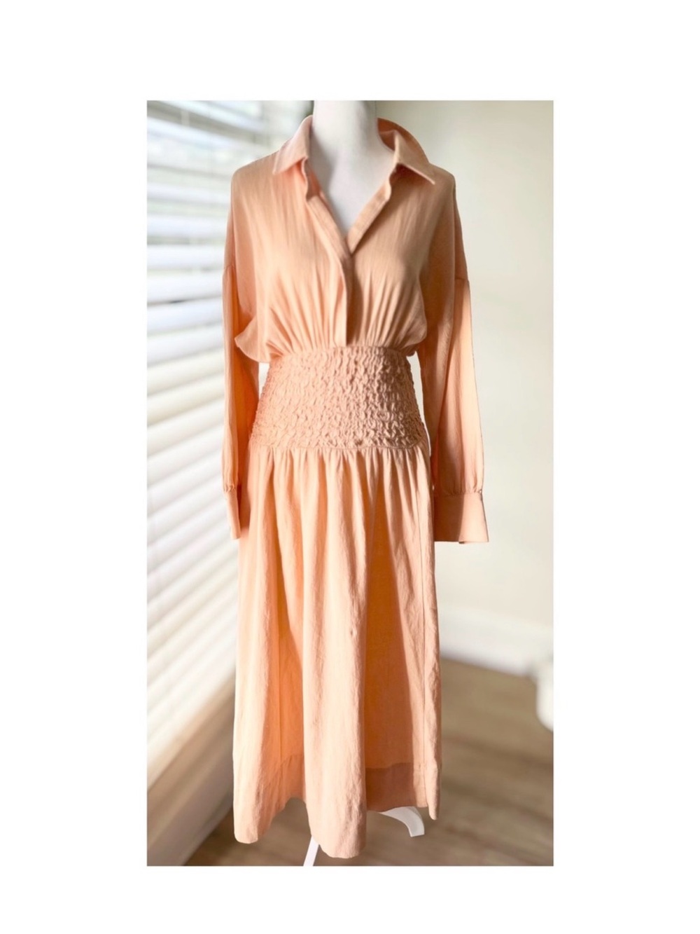Free People Peach Long Sleeve Smocked Midi Dress